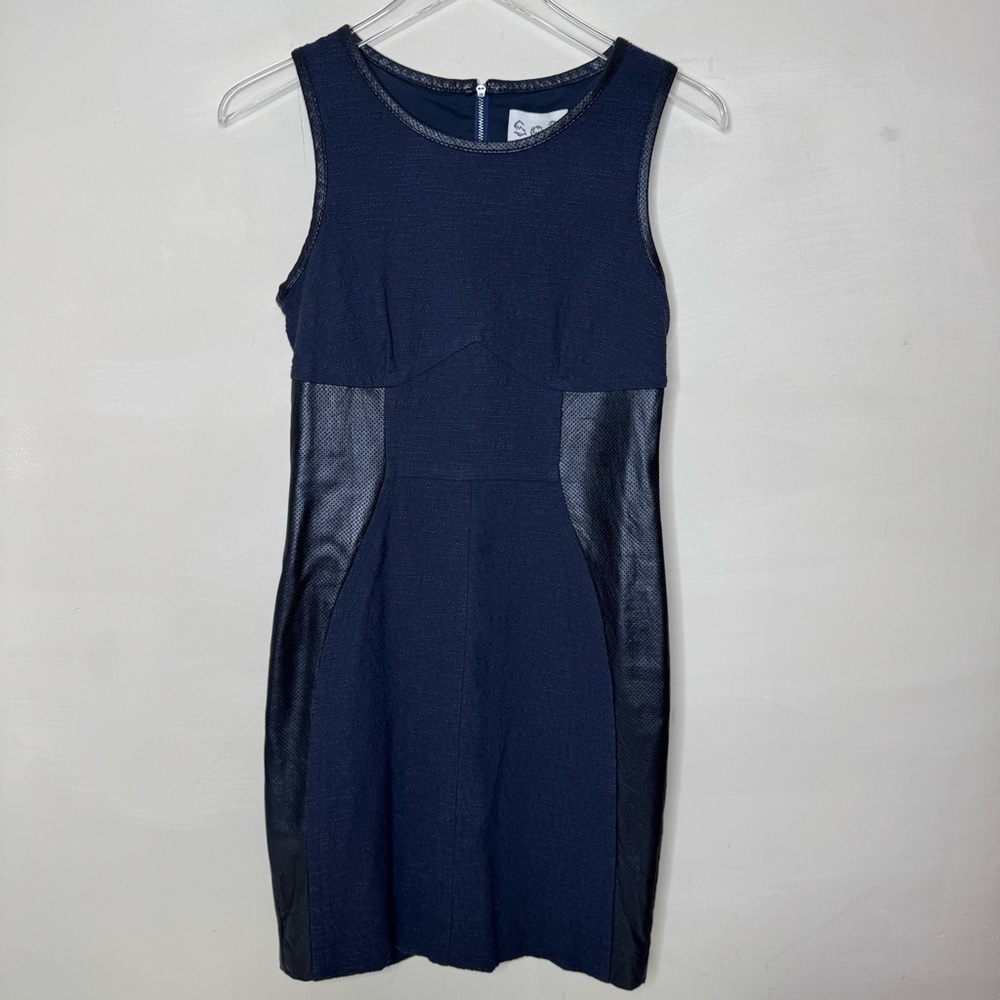Sea New York blue sleeveless tweed dress with leather piping and sides size 4